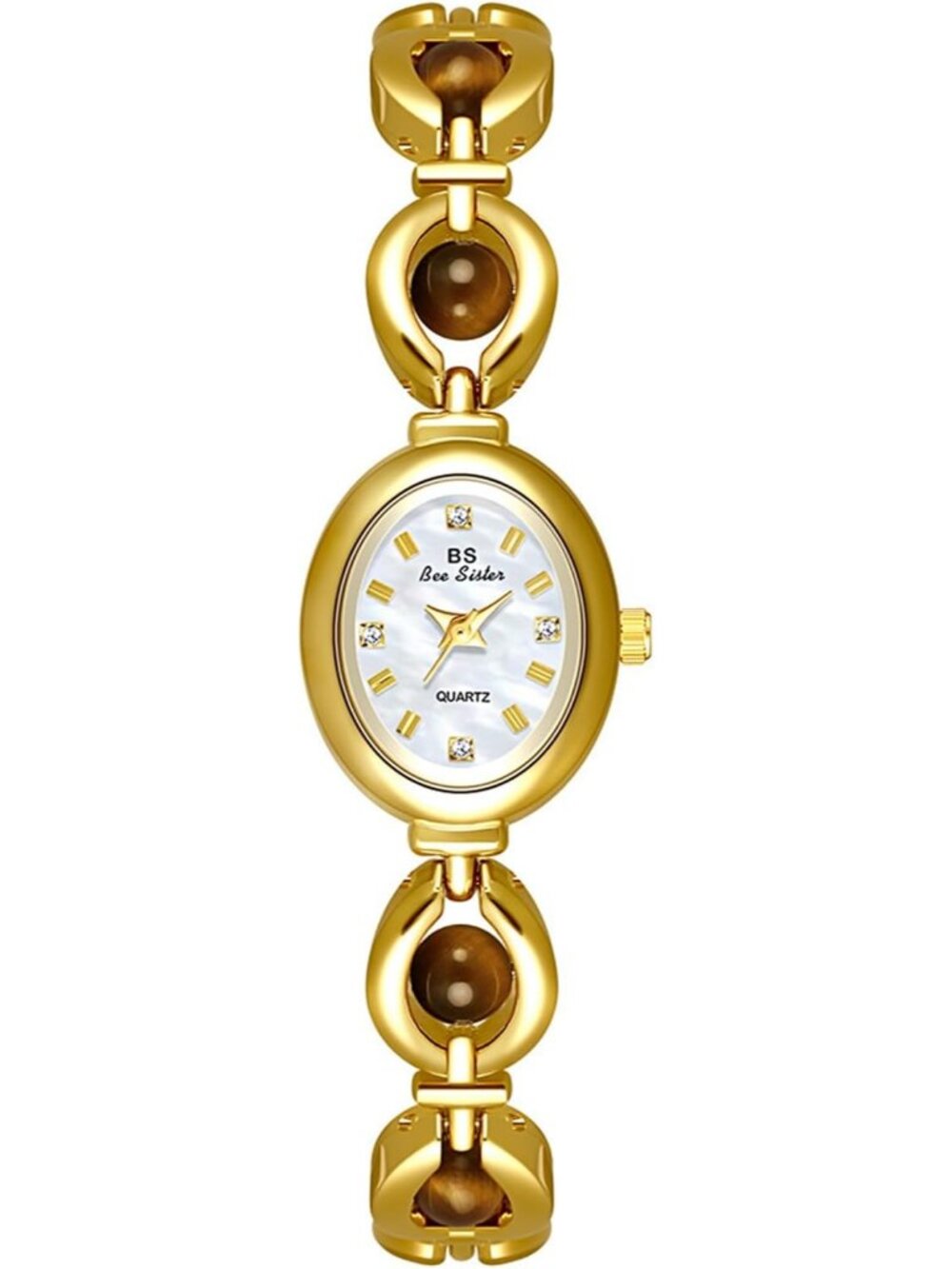 Women's Brown Gold Elegant Pearl Dainty Oval Bracelet Quartz Vintage Wrist Watch